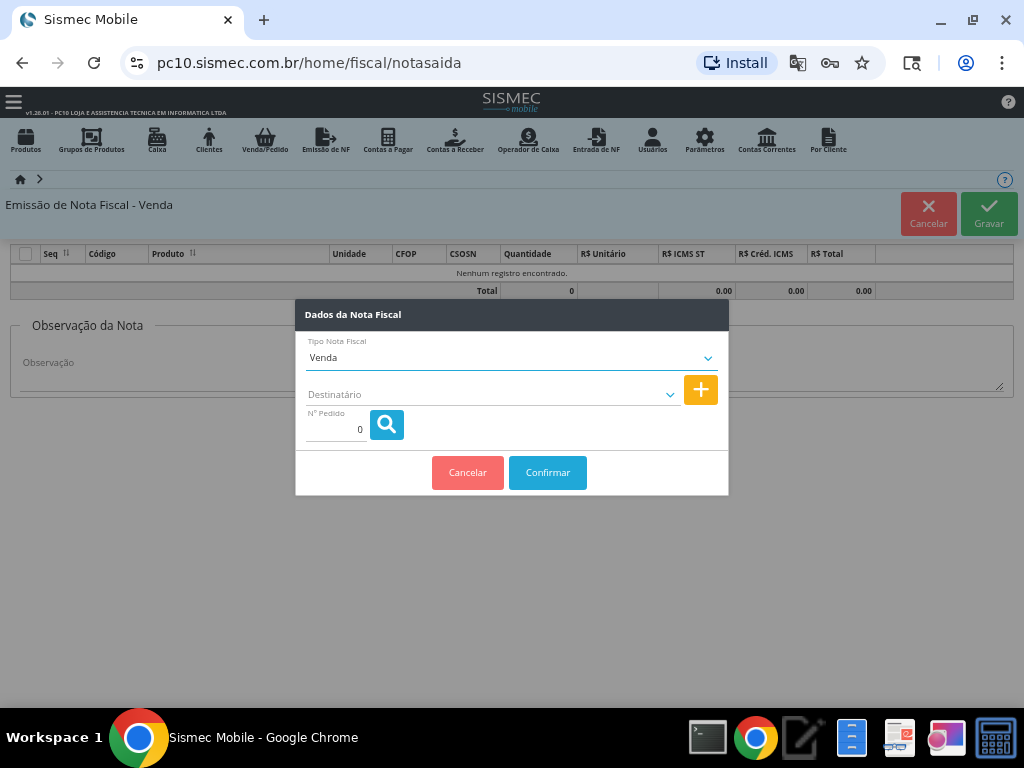 Screenshot Emissão de NF-e - SISMEC